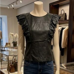 Elegant Black Leather Blouse with Ruffle Detail